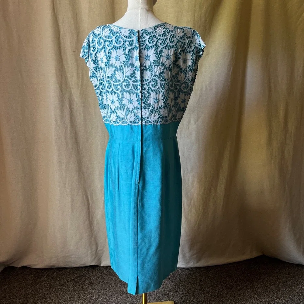 1960s Turquoise Blue‎ Lace Wiggle Dress Set Jackie O Style Matching Jacket L